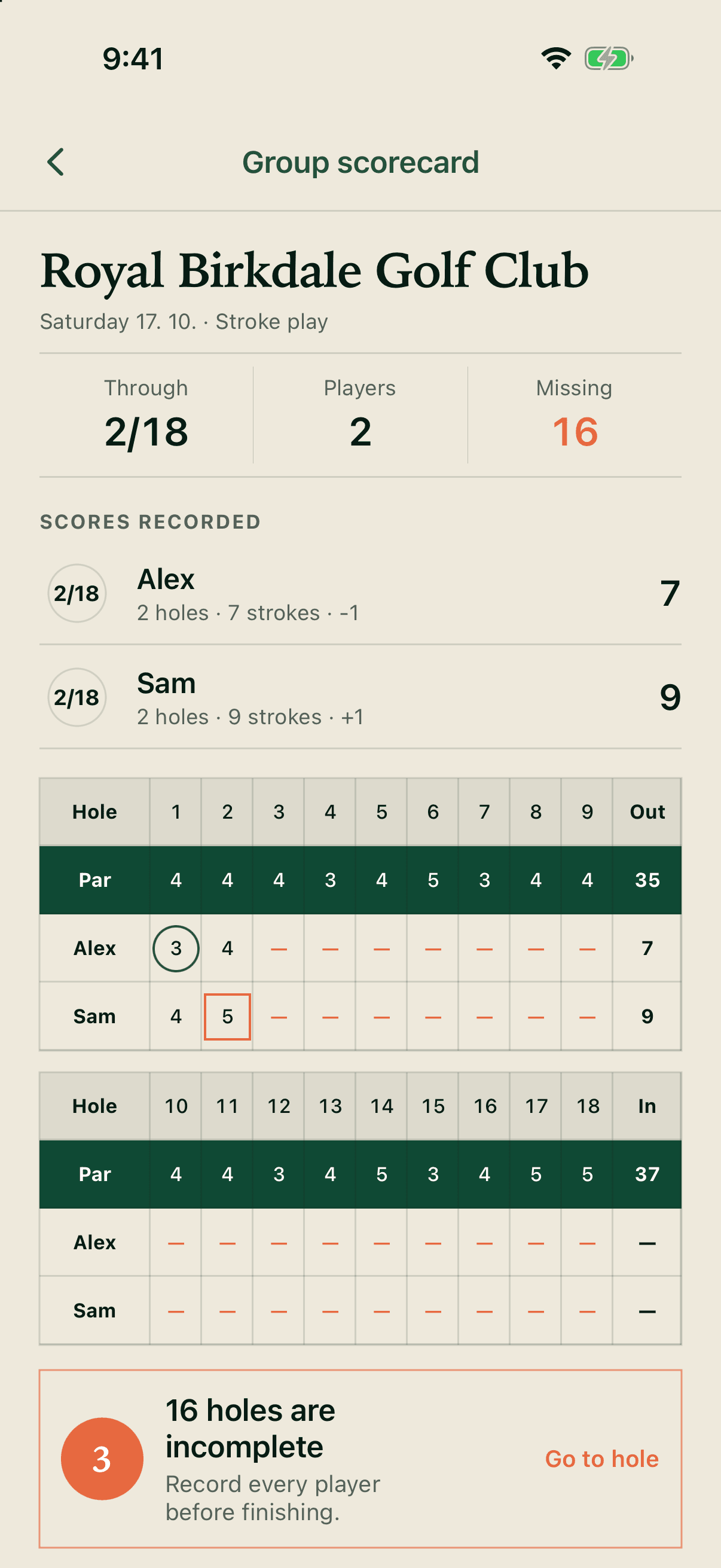 Karta group scorecard with hole-by-hole scores for two players