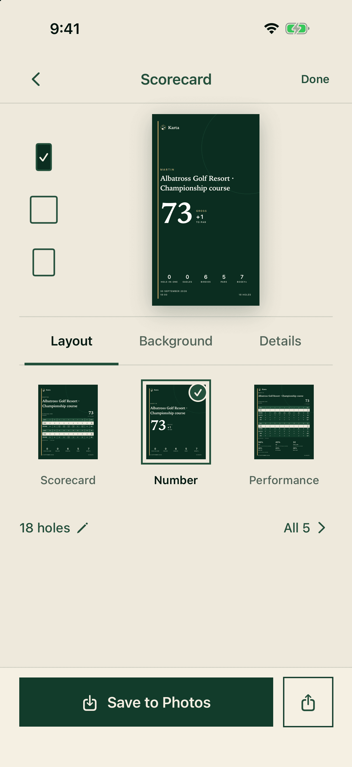Karta scorecard editor with layout choices and sharing controls