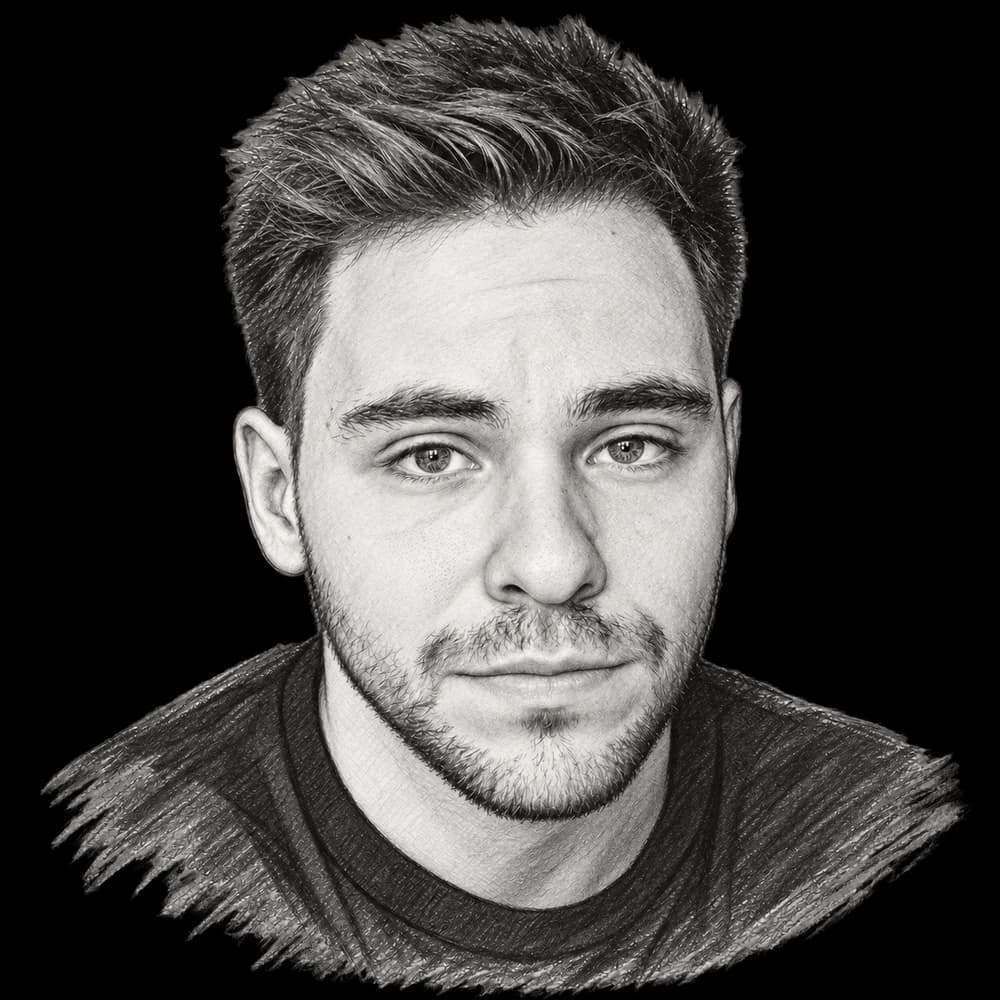 A pencil portrait of Martin, with a small smile.
