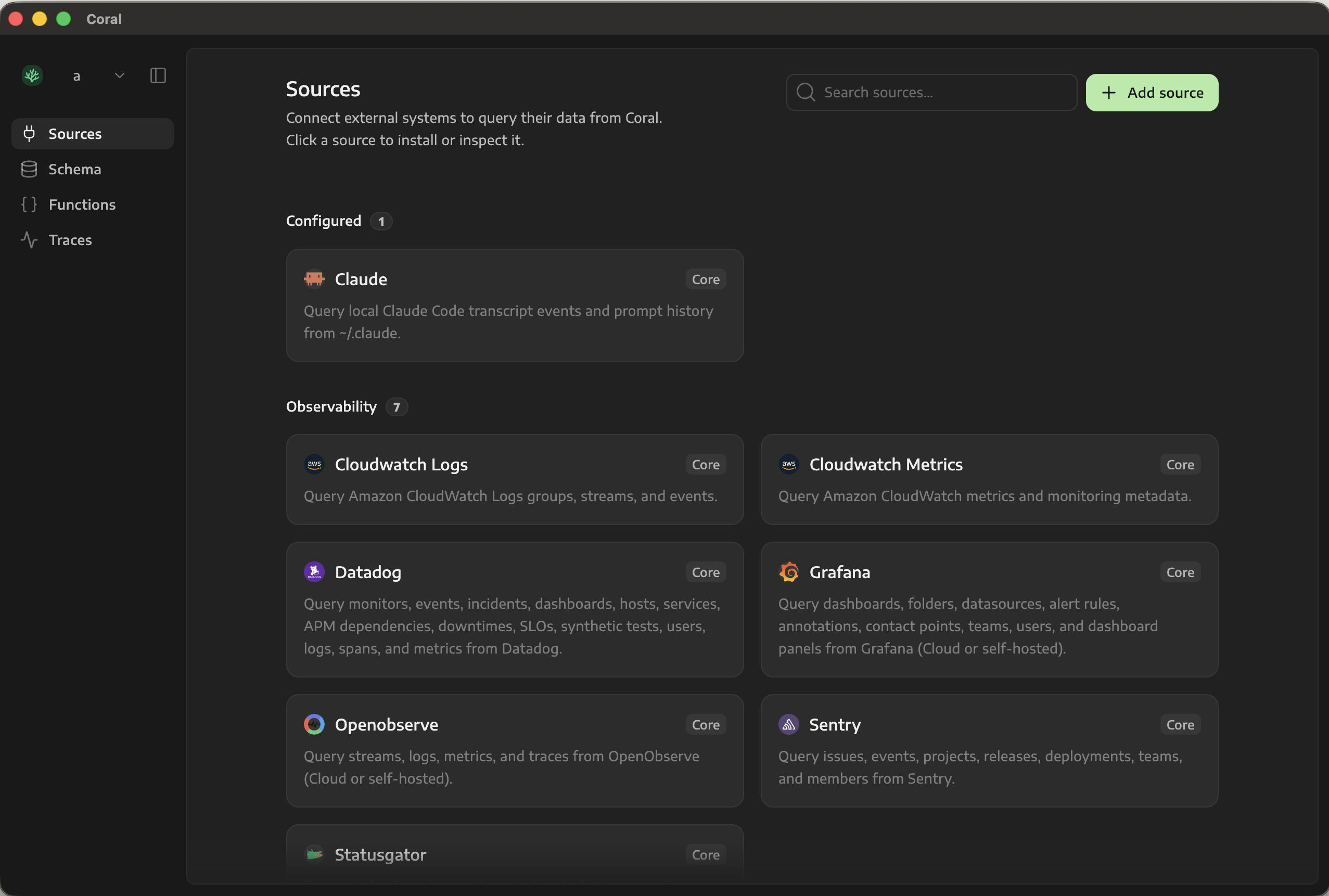 Coral desktop app showing configured Claude data and available observability sources