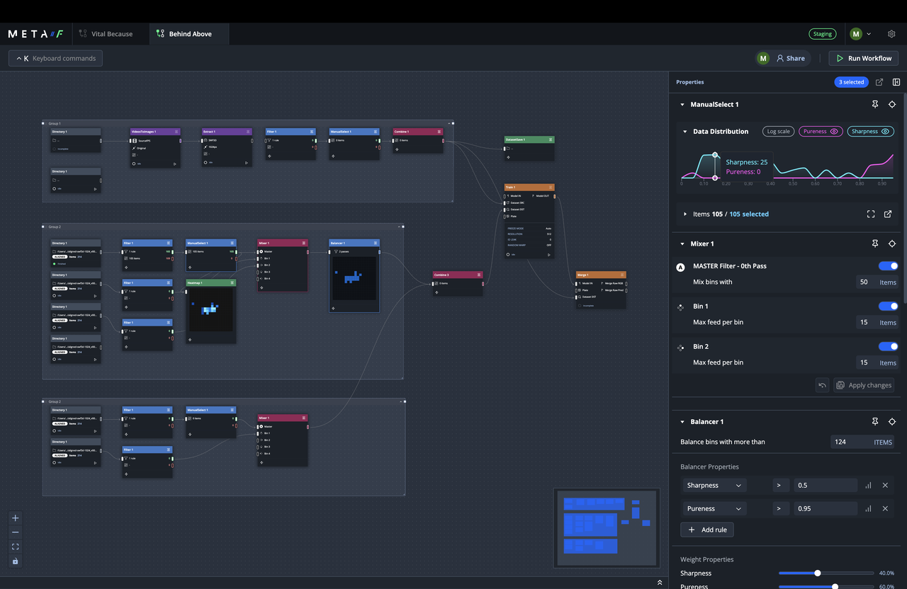 Brahma workflow builder showing a complete machine-learning pipeline and its properties inspector