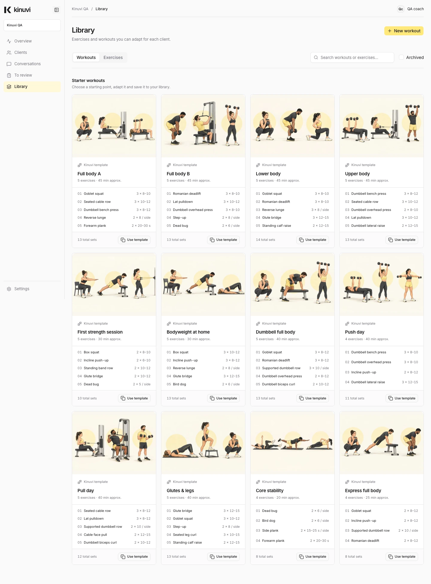 Kinuvi coaching workspace with illustrated workout templates, exercises, sets, and repetitions