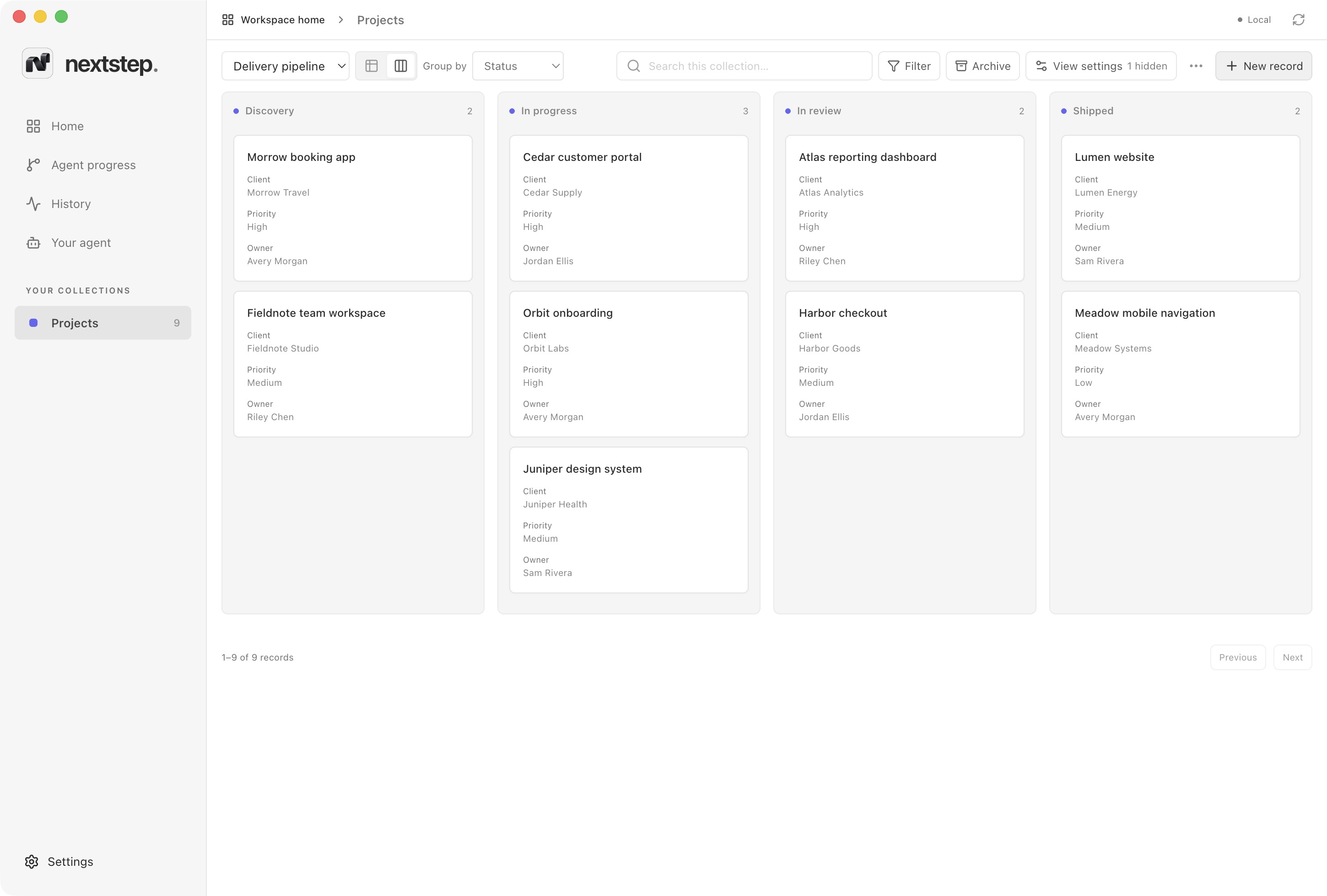 Nextstep kanban board with nine fictional projects across Discovery, In progress, In review, and Shipped